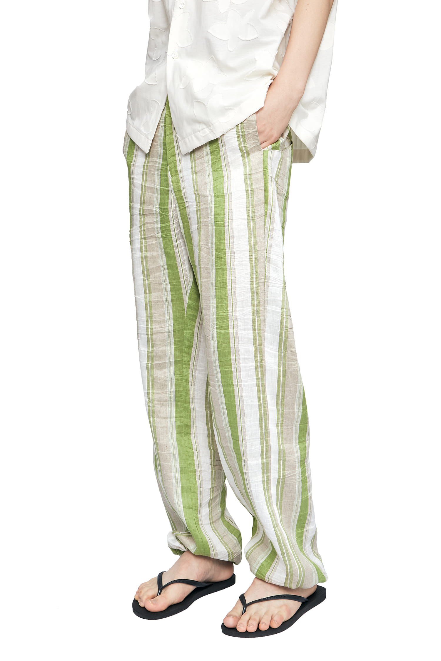 String Easy Pants Creased Stripe Linen Green
